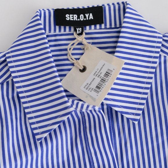 SEROYA Hefley White Blue Stripe Oversized Button Shirt Dress Coated Finish XS - Picture 6 of 6